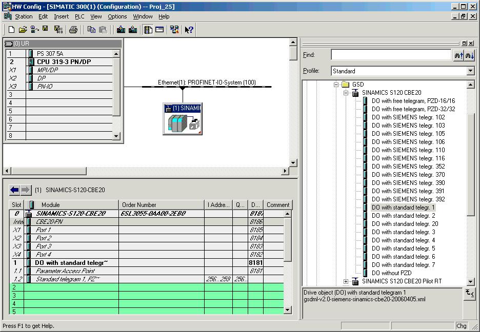 Communications via PROFINET IO Data exchange Procedure 1. Select the inserted drive in the hardware catalog. 2.