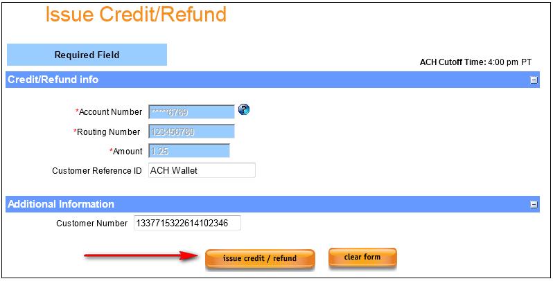 In order to process a Credit/Refund on one of the identified transactions, select the Refund link (circled below) to begin the process.