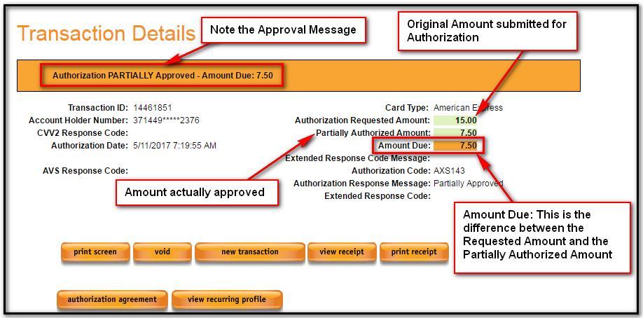 Sale Partial Auth Response In some cases, a Transaction will be Partially Authorized. These transactions can be identified by the Authorization Partially Approved message on response screens.