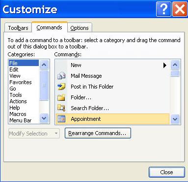 We suggest adding the ones you use most, such as Email, Appointments, Tasks and Notes. To add a command to a toolbar, select a command with the left-mouse button.