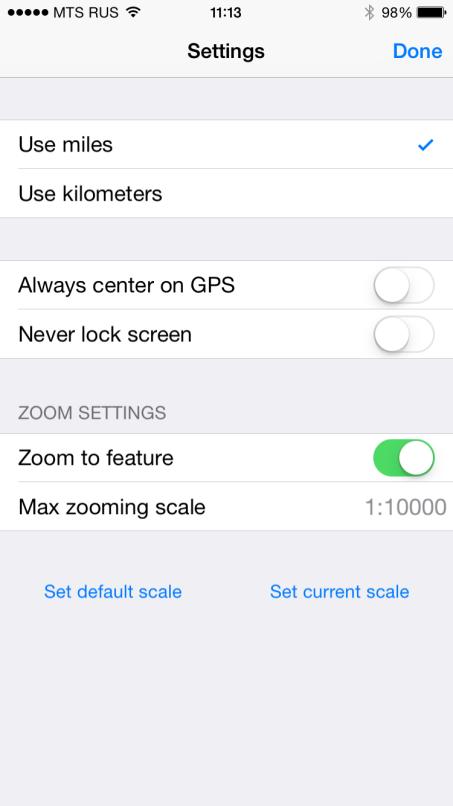 10. Zoom scale settings These settings allow managing the feature zoom scales. They can be found in Menu - Settings: Enable the Zoom to feature option to specify the required maximum zoom scale.