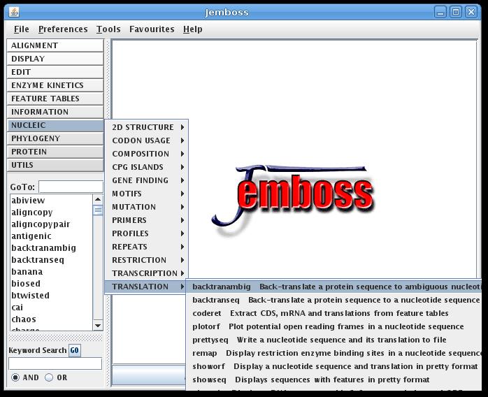 Using Jemboss Exercise 2-4 Start Jemboss on Bio-Linux by typing jemboss & on the command line. It can also be started by clicking on the icon under the Applications Bioinformatics menu.