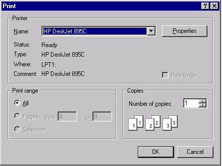 Clicking the OK button in the Print menu opens another dialog box, allowing you to select options for the default