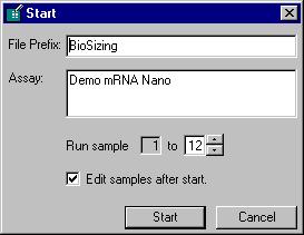 6 Click the Start button located above the chip icon. The Start dialog box will open. You can change the File Prefix (used as the beginning of the saved filename) and/or enter notes about the run.