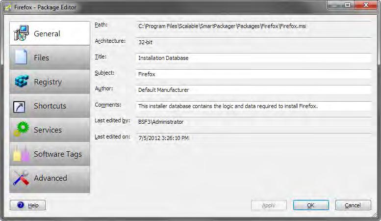 Functions & Features: Edit General Dialog This page displays and allows for the editing of general Windows Installer properties. Dialogs Path Displays the full path to the Windows Installer file.