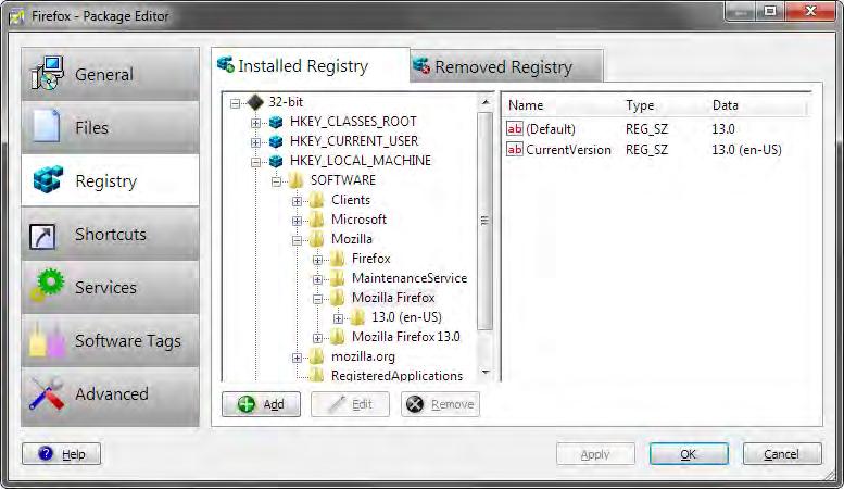 Functions & Features: Registry Add Dialog This dialog allows the user to add a registry value to the package. Dialogs Key & Values Displays the registry key where the new value will be added.
