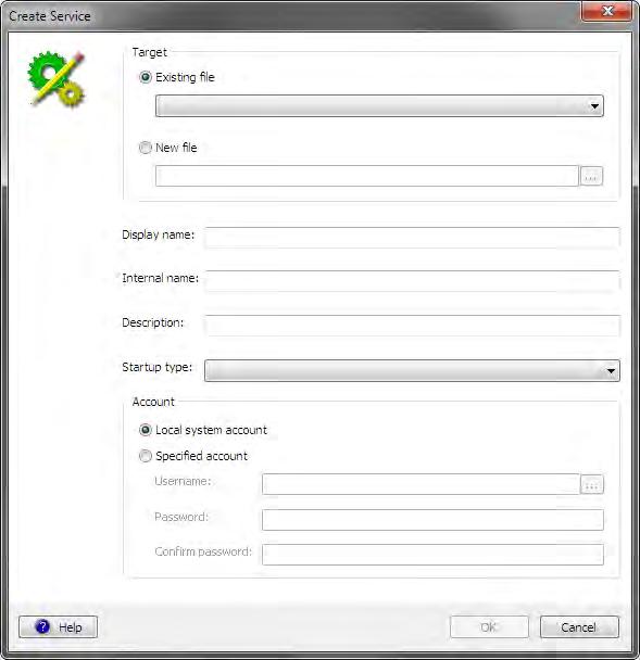Functions & Features: Create Service This dialog allows the user to add a service to the package.