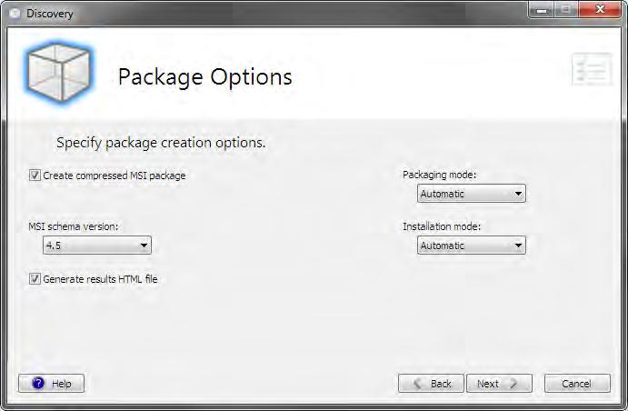 Discovery Options Page This page allows the setting of advanced options for the new package. Note: This wizard page only appears if "Show advanced options" is selected on the Package page.