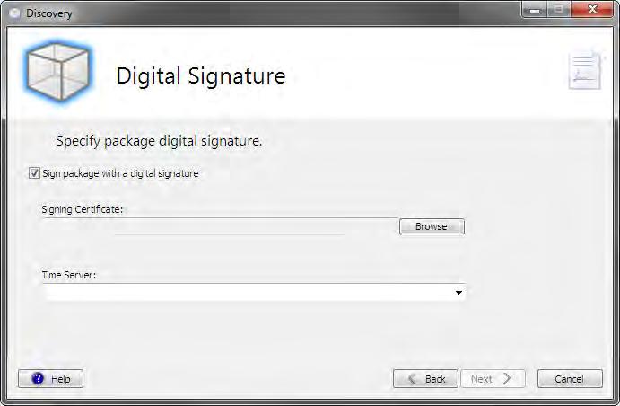 Discovery Signing Page Use this page to optionally add a digital signature to the new package.