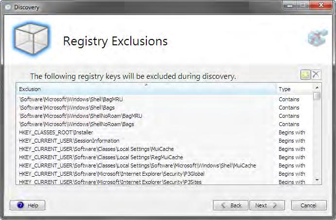 Discovery Registry Exclusions Page This page allows registry keys to be excluded from the monitoring process. Discovery monitors all registry key activity except keys listed here.