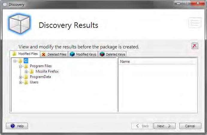 Discovery Results Page This page shows the results of the system monitoring. All new, modified, and deleted files, folders, and registry keys and values are displayed.