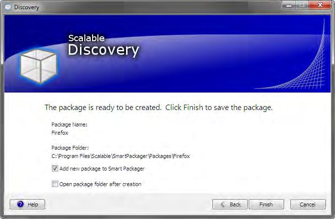 Discovery Finish Page The finish page shows a brief summary of the information before the new package is created. Click "Finish" to begin the package creation.