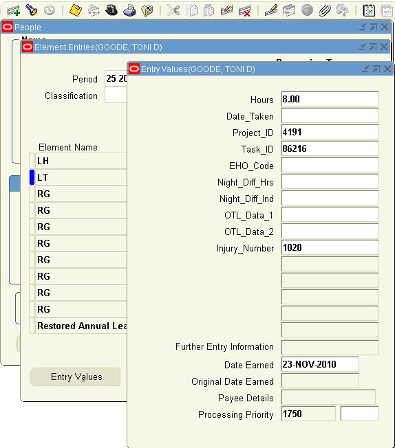 Element Entries Entry Values 1 4 1 3 13. Injury Number - Enter the injury number captured from the Extra Assignment Information form from step 8 into the Injury Number field on the Entry Values form.