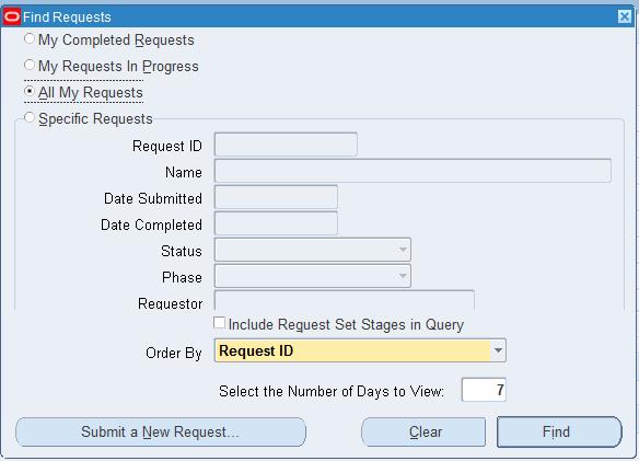 View Requests 12 12. Select the View Requests option and click the Open button to display the Find Requests form.