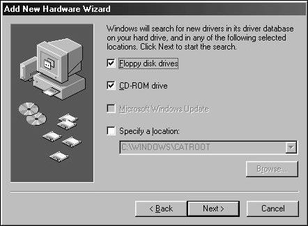 If Windows asks where to search for a new driver, make sure the box next to CD-ROM Drive is checked and click Next, as shown
