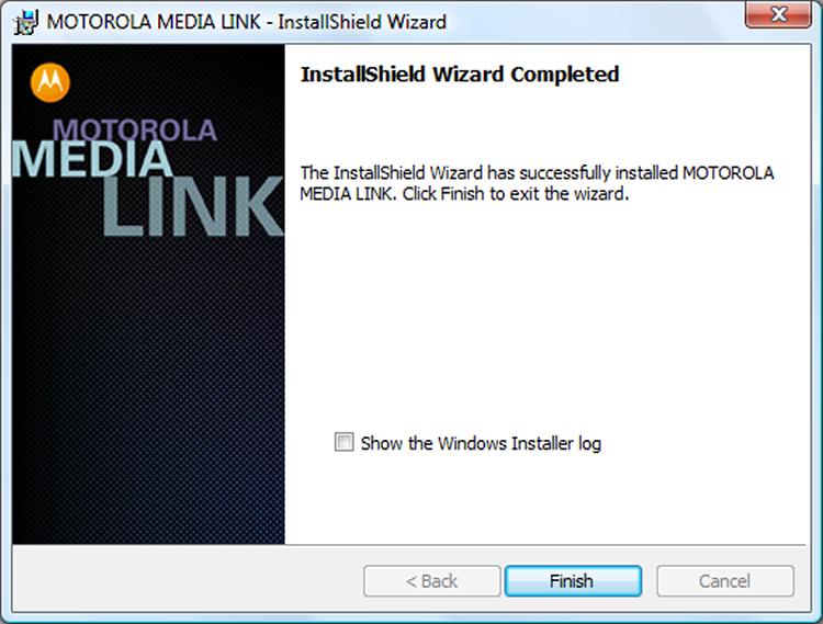 installing MOTOROLA MEDIA LINK 12. Click the Install button. The Installing MOTOROLA MEDIA LINK screen is displayed. The program is being installed.