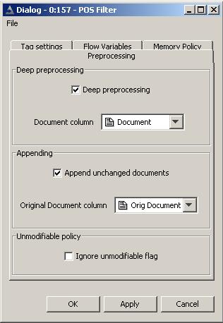 KNIME Text processing 7 Fig. 5. The dialog of the POS filter. The topmost check box is the Deep preprocessing check box. If checked deep preprocessing will be applied.