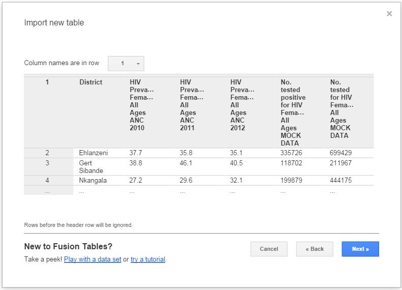6. Name your table under Table Name and write a description. Select Next Your dataset will appear in the Google Fusion Table application.