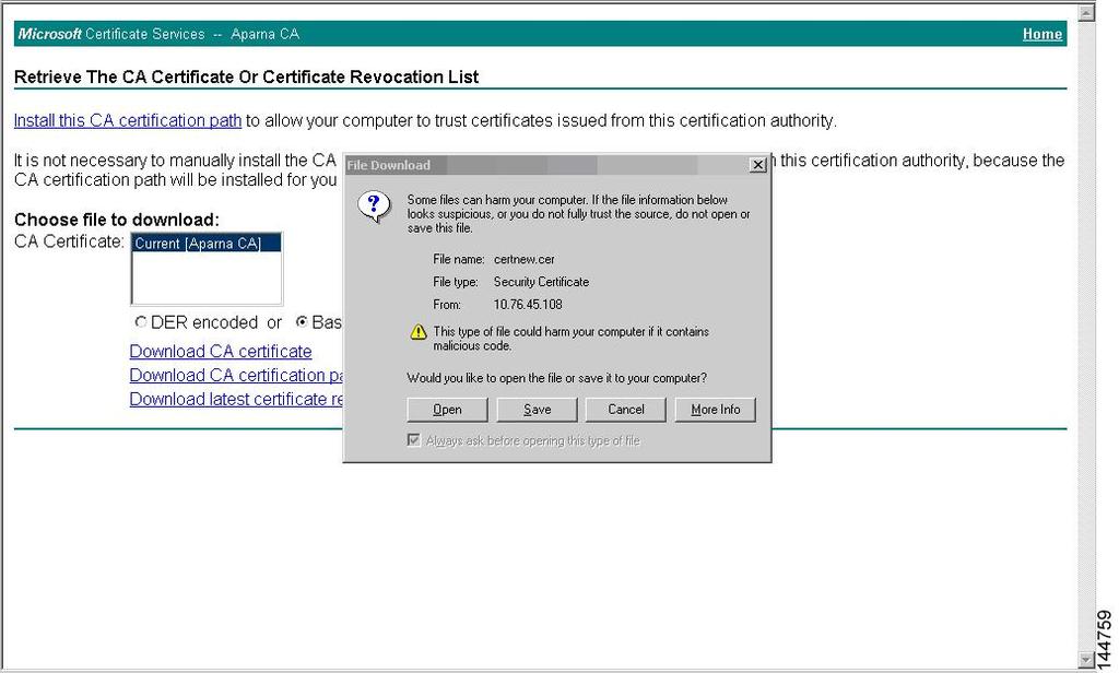 Configuring PKI Downloading a CA Certificate Step 4 In the