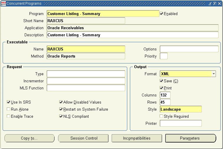 Revise the Concurrent Program Definitions Oracle Reports 6i supports XML as an output format.