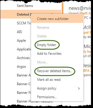 Deleted Items Conversations that deleted are moved to the Deleted Items folder To empty folder: - Select Deleted Items folder - Right click - Select Empty folder To recover items emptied from Deleted