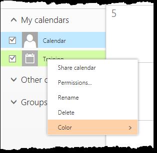 Remove, Color Share Share your calendar(s) with others Permissions Created calendars are public - By default, not shared (not the same as sharing a calendar with individuals) - Availability only Any