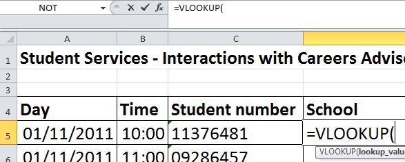 University of Brighton Information Services To build the VLOOKUP function 1 Click in the cell where you want the answer to the VLOOKUP to appear e.g. in our example on the right, click in cell D5 as the VLOOKUP will be used to find the school for student 11376481.