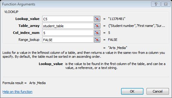 4 Click in the Lookup_value field and then, on your worksheet, click on the cell in that row containing the item of data on your worksheet that can be used to find the correct entry on the master