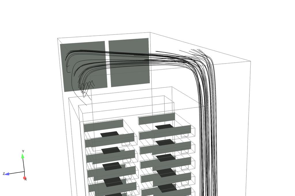 Figure 5 A computer simulation of the airflow pattern that the bubbles showed. The non-uniform velocities above the tiles are due, in part, to the very small height of the raised floor.