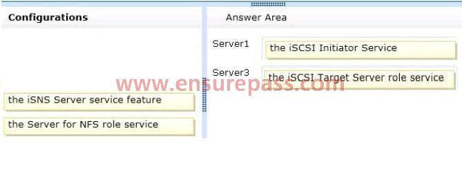 The solution must ensure that Server1 can access the storage as a local disk. What should you configure on each server?