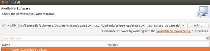 Run a demo using Kinetis Design Studio IDE 4. In the Repository archive dialog box, browse the KSDK install directory. 5. KSDK_<version>_Eclipse_Update.zip file. 6.