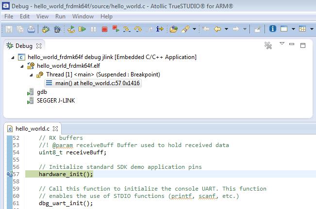 Run a demo using Atollic TrueSTUDIO Figure 52. Stop at main() when running debugging 5. Run the code by clicking the "Resume" button to start the application. Figure 53.