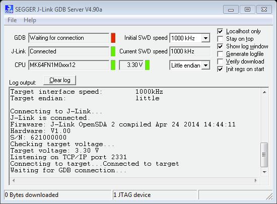 Run a demo using ARM GCC Figure 65. SEGGER J-Link GDB Server screen after successful connection 6. If not already running, open a GCC ARM Embedded tool chain command window.