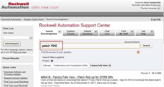 Common upgrade procedures Appendix B 3. Scroll down to Software and click on FactoryTalk View SE. In the Search box, type Patch TOC and click Search.