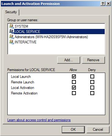 Appendix F Troubleshoot KEPServer Enterprise a. In the Group or user names box, select LOCAL SERVICE. b. In the Permissions for LOCAL SERVICE box, select the Allow check boxes for Local Launch and Local Activation.