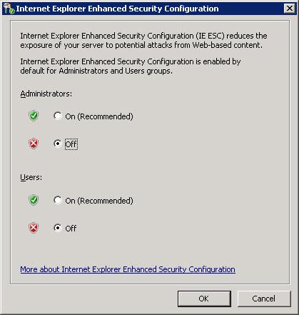 In the Server Manager window, under Security Information, click Configure IE ESC. 3.