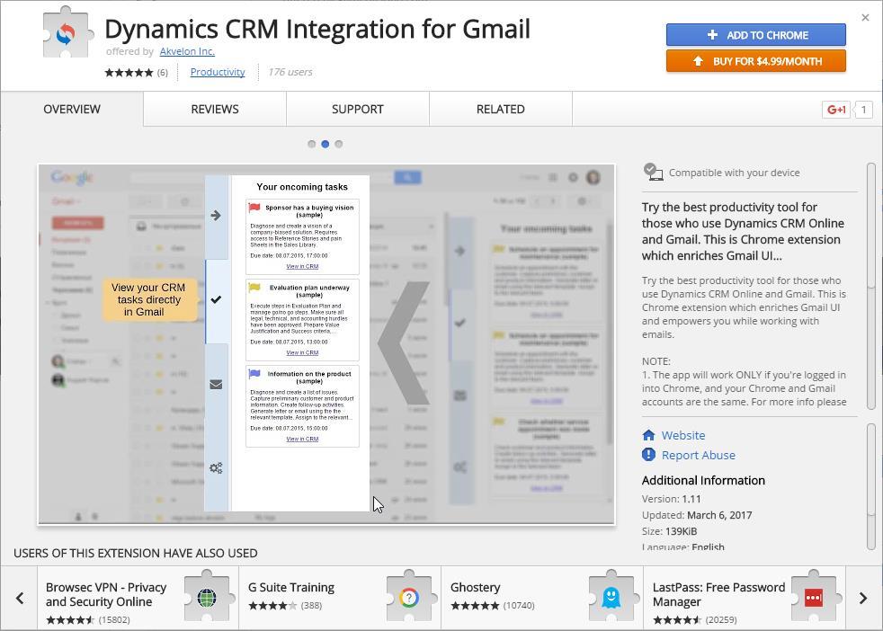Figure 2 Dynamics CRM Integration for Gmail extension in the Chrome Web Store Buying app subscription Open Settings tab and click the Request Quote button Fill