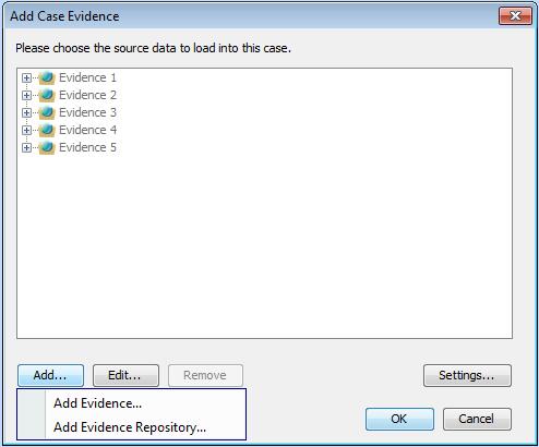 Loading Data Adding Case Evidence After creating a new case, you can add evidence to be ingested through the Add Case Evidence dialog box which appears immediately after setting the properties of the