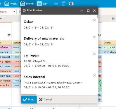 Printing options Besides of usual printing of emails, WebClient allows you to print calendar, contacts, events, tasks, notes and journal items using the Print Preview feature.