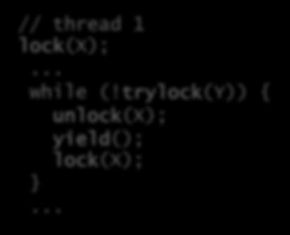 Livelock Deadlock is at least easy to detect by humans System basically blocks & stops making any progress Livelock is less easy to detect as threads continue to run but do nothing useful Often