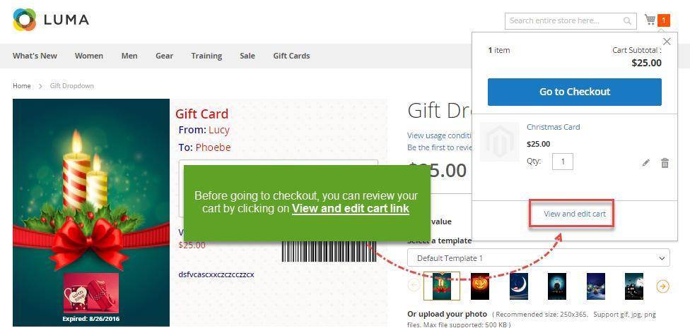 View and edit cart The details of Gift Card when Customers send the Gift Card