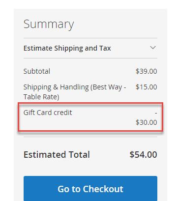 On Checkout page: Customers can choose to use Gift Card or Gift Card credit and enter the amount of money as on Shopping Cart page. Then click on Add Gift Card button to apply.
