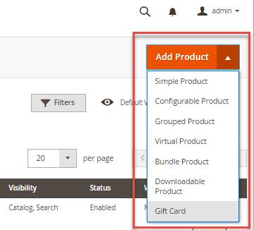 button, click on dropdown menu to select Product Type to be Gift