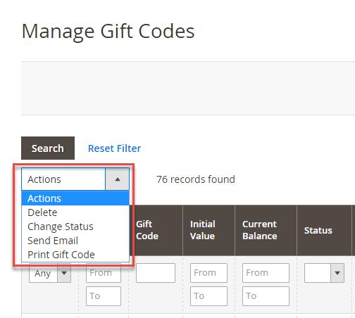 To help save much time in managing, our module allows you to select multiple gift codes and apply the following action(s) in mass.