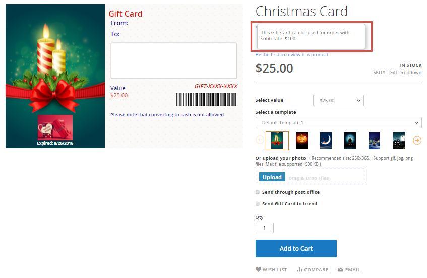 For Gift Card products that have usage conditions, the conditions will be displayed in a tooltip form when hovering over View usage conditions of this Gift Card: Customers can