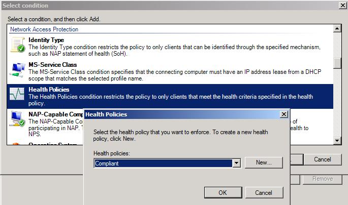 Figure 11: Select the Compliant Health Policy Because the VPN client will be NAP