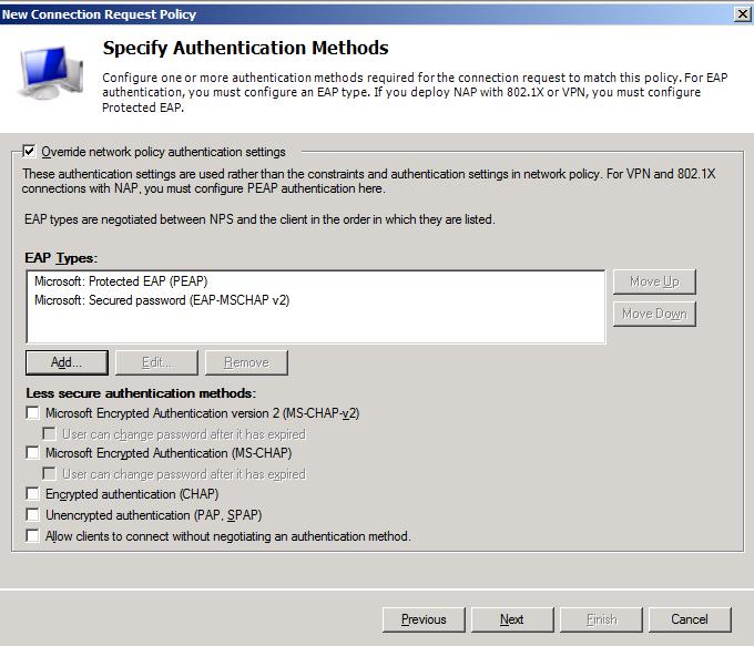 Figure 17: Select EAP types In the Protected EAP Properties select the certificate which the Server uses to establish a secure connection