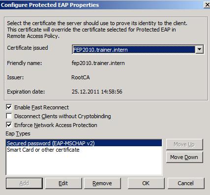 Figure 18: Enforce NAP and select the certificate Configure the VPN client for NAP Start NAPCLCFG.MSC on the Windows 7 client.