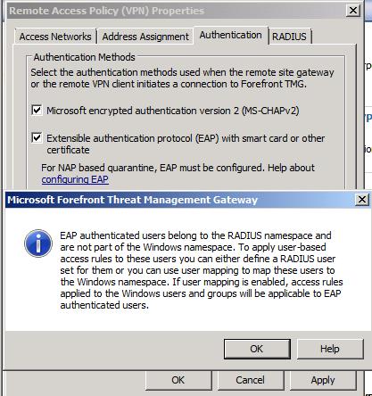 Figure 1: Enable EAP as a Authentication method in Forefront TMG Specify the