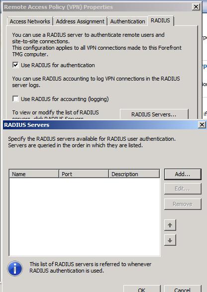 Figure 2: Specify the RADIUS Server Enter the name of the RADIUS Server, the Authentication port (1812 is default and should not be
